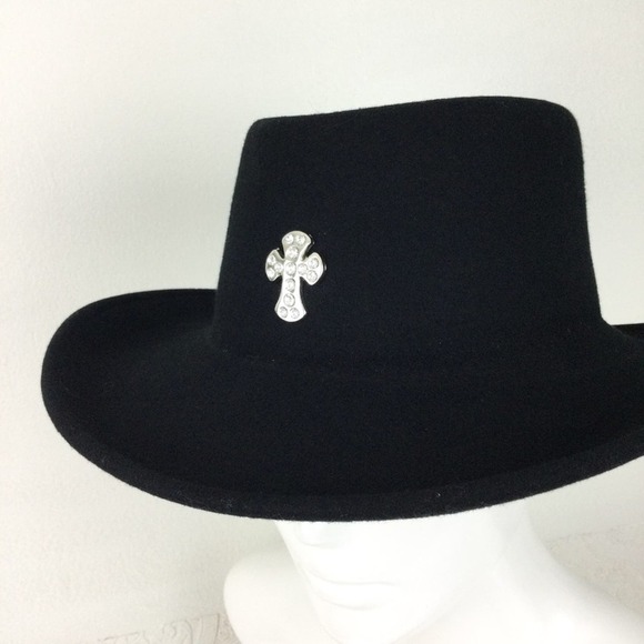 Vintage black 100% wool crushable hat bling cross boho western adult medium - Picture 4 of 13